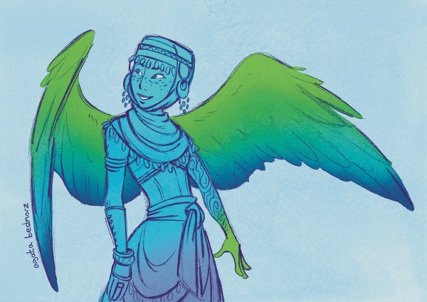 A girl with blue skin and freckles having blue - green wings. One arm has a sleeve tattoo with a water pattern on it and her hand is also colored green.