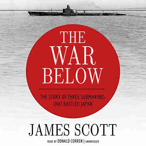 A book cover of a black and white photo of a WW2 sub in the background with the title of the book in the center in white and black lettering within a red circle.