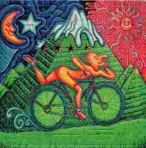 1 hit of LSD blotter with a colorful image and a smiling person lounging on a bicycle, with a green mountain in the back ground, and the sky behind that split into night (with a smiling crescent moon and star) and day (in bright red, with a smiling sun)