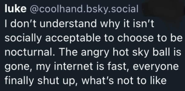luke @coolhand.bsky.social I don't understand why it isn't socially acceptable to choose to be nocturnal. The angry hot sky ball is gone, my internet is fast, everyone finally shut up, what's not to like