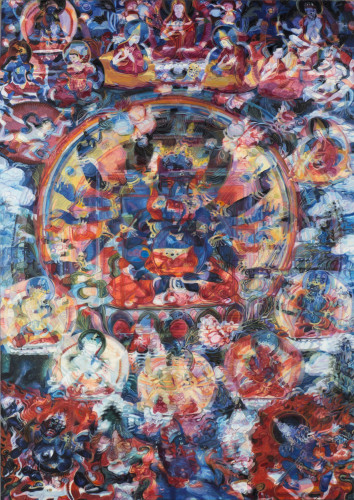 Semi-abstract painting of a series of Buddhist icons around a circular center, in a blurry, colorful style
