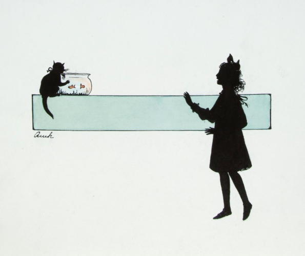 Illustration of a cat pawing at the outside of a bowl of goldfish while a young girl seems to be objecting with one hand raised in a alarm from a short distance away. The cat and girl are in black silhouette and the cat and fishbowl sit on a light teal bar of color representing a shoulder-heigh shelf or mantle. The teal of the bar and the dark orange of the fish are the only colors, the black figures of the cat and girl drawing attention to their unmistakable body language.
