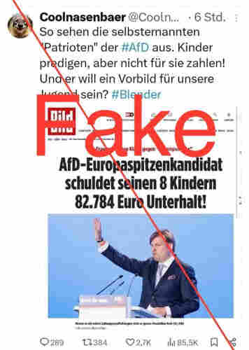 Fake Überschrift von Bild: AfD Spitzenkandidat schuldet seinen Kindern 82784 Euro Unterhalt