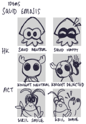 A sheet of digital sketches for different fandom character emojis. The squid from splatoon, the knight from hollow knight, and Kril from another crab’s treasure.try
