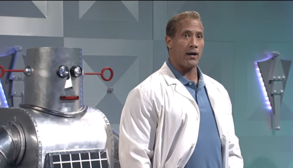 Dwayne Johnson as an evil scientist and his robot.