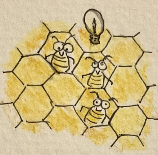 Three cartoon bees inside a honeycomb pattern with a lightbulb above them.