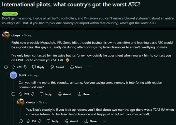 A description in a forum of some berk in Mogadishu who bought a transmitter and pretends to be ATC, giving false clearances to aircraft overflying Somalia.