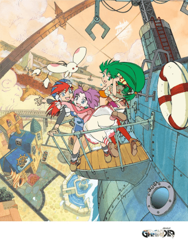 Concept art for Grandia featuring Justin, Sue (with her pet puffy), and Feena on the deck of an airship that seems to be flying above Parm.