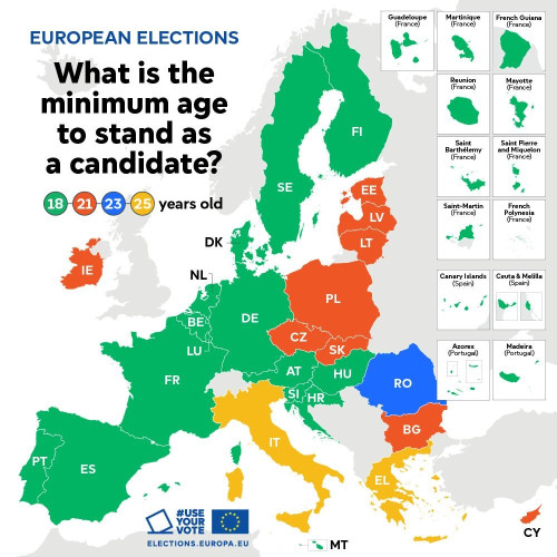 A map of Europe with differentiated colors for each country according to their minimum age to stand as a candidate. In green, 18 years old, in red, 21 years old, in blue 23 years old and in yellow, 25 years. At the top, the title 'European elections - what is the minimum age to stand as a candidate". 