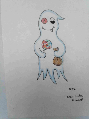 My original character, a cartoon ghost called Patch who has a button for an eye, it's usually blue but it's red in this sketch. Patch is holding a big circular lollipop and a brown paper bag, grinning widely with a fanged tooth sticking out
