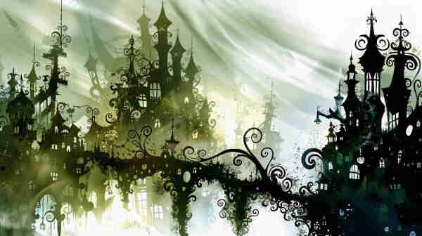 A digital artwork that evokes a Victorian aesthetic, merging elements of fantasy and whimsy. It features an elaborate silhouette of a fantastical cityscape with structures that resemble Victorian architecture, characterized by ornate details, steeply pitched roofs, pointed arches, and towers. These buildings are arranged along swirling, decorative lines that suggest streets and pathways, adorned with intricate patterns and motifs common to the period’s style. The color palette is a blend of sepia tones, greens, and blacks, set against a backdrop with rays of light that give an ethereal atmosphere. The overall effect is one of a dreamlike vision of a Victorian city, blending historical architectural elements with a touch of magical realism.