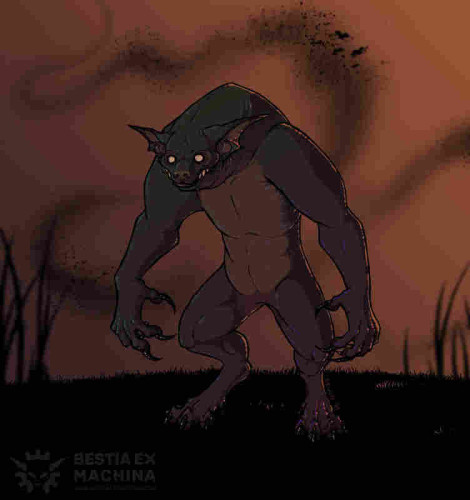 Digital drawing of a bipedal were-beast against a dark orange sky. It has pointy ears, yellow eyes without pupils and dark gray, slightly iridescent skin. The creature is surrounded by an insect swarm.