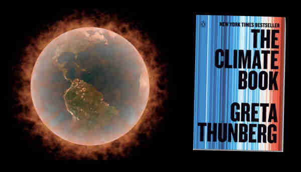 Stylized view of an overheating planet Earth, along with the front cover of "The Climate Book" by Greta Thunberg.