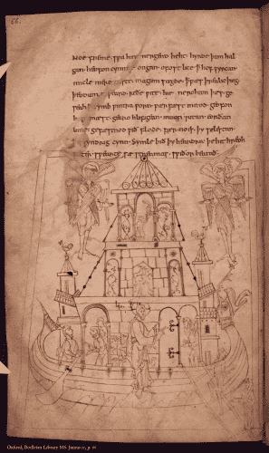 Page from a medieval manuscript, with Old English text, and a pen drawing in black and red of Noah's Ark
