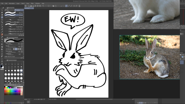 A doodle of a rabbit sniffing its own hind foot.