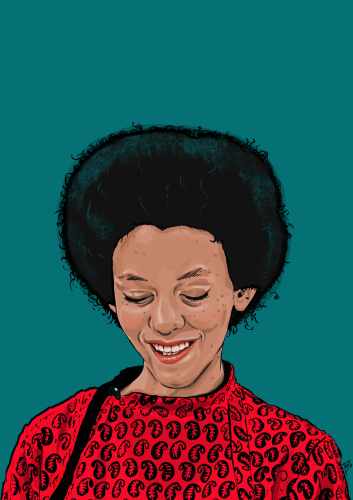 quick digital ink sketch i drew of poet, writer & activist, nikki giovanni.
here, she looks towards the ground, a wide smile on her face. her bright, tomato-coloured top bears a paisley design & the background is a plain, rich teal colour.