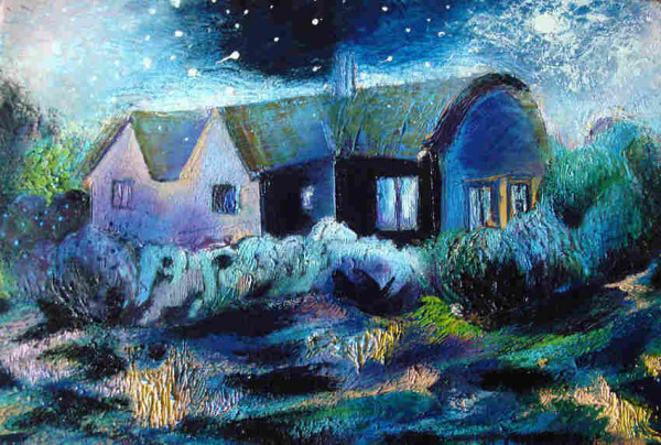 An oil painting of a rural house at night. Trees and bushes are around it and overhead there are light clouds and a starry sky. Light shows from one room at the front.