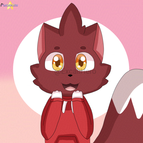 A drawing of a brown cat in a red sweater.

Pink background with white circle.