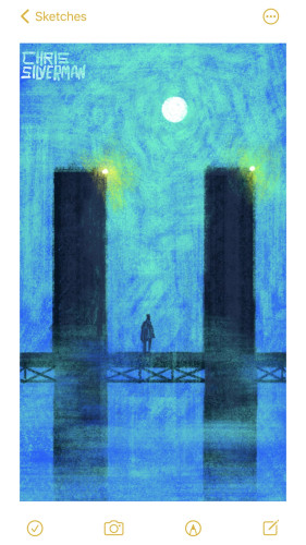 A scene at night. Two tall, thin towers rise out of the fog. Connecting them is a horizontal bridge with iron latticework beneath it. At the top of each tower is a glowing yellow light. A person stands on the bridge. Above, in the sky, is a glowing full moon. The bridge looks like an uppercase letter H. This is a primarily blue drawing with accents of fluorescent green for the fog.