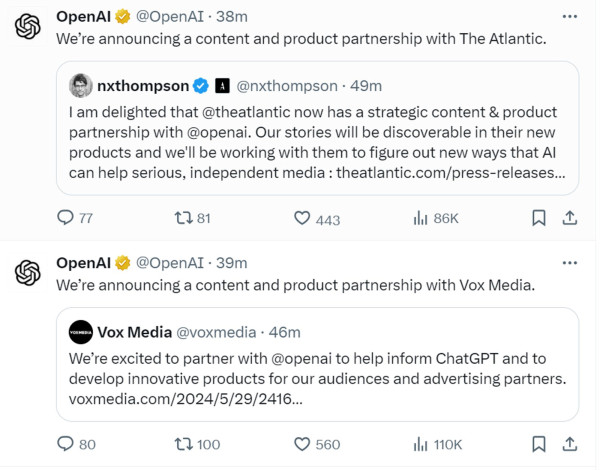 Both The Atlantic and Vox Media announcing their “partnerships” with “OpenAI”.
