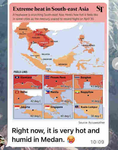 Screenshot of a whatsapp message with a map of very hot weather in south east asia just now
