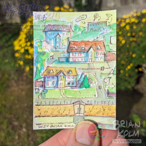 A small sketch with watercolor of a wall and gate with 'fancy' McMansions behind. A safe place for the almost super wealthy.