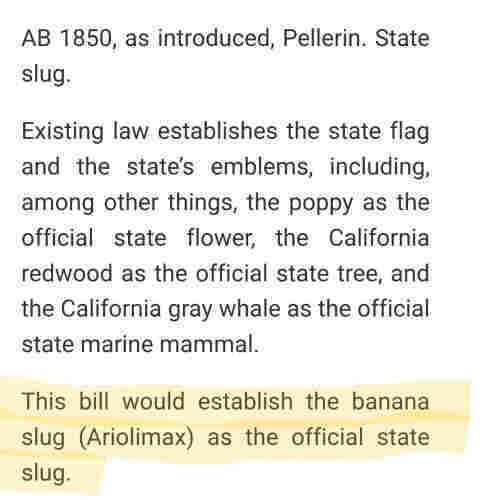 Text from AB 1850, discuss that the banana slug (Ariolimax) would become the official state slug!!
