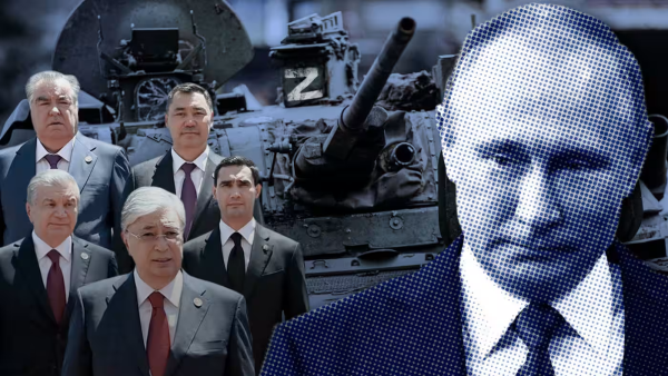 Russian President Vladimir Putin and the leaders of five Central Asian countries who are increasingly worried that if Russia defeats Ukraine, it will start interfering in their internal affairs. (Nikkei montage/Source photos by Getty Images)
