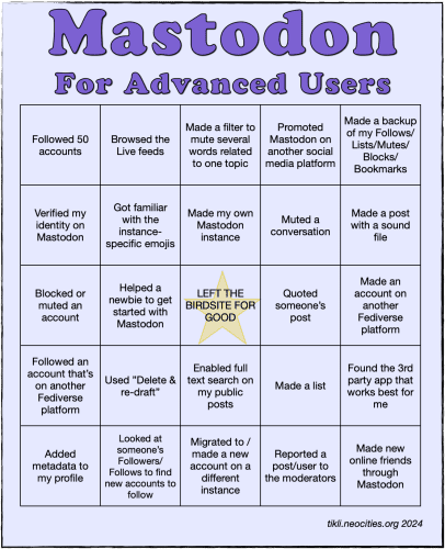 A 5 x 5 bingo chart “Mastodon For Advanced Users”.

Row 1:
- Followed 50 accounts
- Browsed the Live feeds
- Made a filter to mute several words related to one topic
- Promoted Mastodon on another social media platform
- Made a backup of my Follows/Lists/Mutes/Blocks/Bookmarks

Row 2:
- Verified my identity on Mastodon
- Got familiar with the instance-specific emojis
- Made my own Mastodon instance
- Muted a conversation
- Made a post with a sound file

Row 3
- Blocked or muted an account
- Helped a newbie to get started with Mastodon
- Left the Birdsite for good
- Quoted someone’s post
- Made an account on another Fediverse platform

Row 4:
- Followed an account that’s on another Fediverse platform
- Used “Delete & re-draft”
- Enabled full text search on my public posts
- Made a list
- Found the 3rd party app that works best for me

Row 5:
- Added metadata to my profile
- Looked at someone’s Followers/Follows to find new accounts to follow
- Migrated to / made a new account on a different instance
- Reported a post/user to the moderators
- Made new online friends through Mastodon