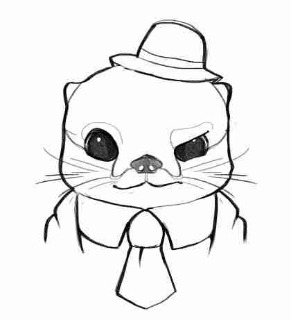 Line drawing of an otter dressed like Oppenheimer, wearing a suit and tie and a small hat.