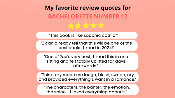 Review quotes for Bachelorette Number Twelve by Jae: 
- This book is like sapphic catnip
- I can already tell that this will be one of the best books I read in 2024!
- One of Jae's very best. I read this in one sitting and felt totally uplifted for days afterwards.
- This story made me laugh, blush, swoon, cry, and provided everything I want in a romance.
- The characters, the banter, the emotion, the spice... I loved everything about it.