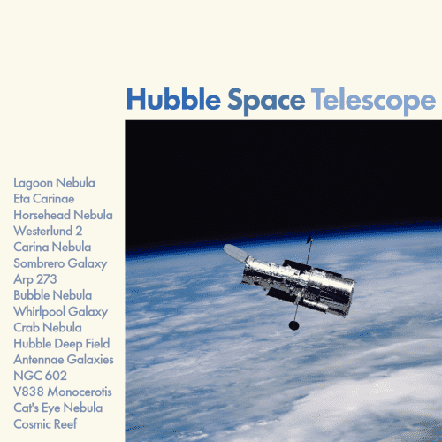 A copy of Taylor Swift's 'Midnights' album cover. On a light beige background, a square image sits along the bottom and right corner showing the Hubble Space Telescope against the blue Earth and black space. Above the image in three shades of blue are the words "Hubble Space Telescope." Along the left side of the Hubble image are the names of 16 of Hubble's iconic images: Lagoon Nebula, Eta Carinae, Horsehead Nebula, Westerlund 2, Carina Nebula, Sombrero Galaxy, Arp 237, Bubble Nebula, Whirlpool Galaxy, Crab Nebula, Hubble Deep Field, Antennae Galaxies, NGC 602, V838 Monocerotis, Cat's Eye Nebula, Cosmic Reef.