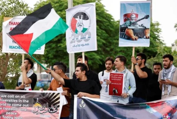Iraqi students gather during a demonstration in solidarity with American university students who are protesting in support of the Palestinians in Gaza, at the University of Baghdad, in Baghdad, Iraq, Sunday, May 5, 2024 [Thaier Al-Sudani/Reuters]