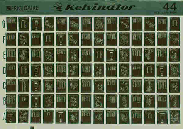 A microfiche page. It's for a Frigidaire Kelvinator, and contains 14×7 sub pages