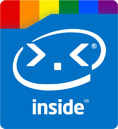 A parody Intel sticker where Intel is replaced with >.<