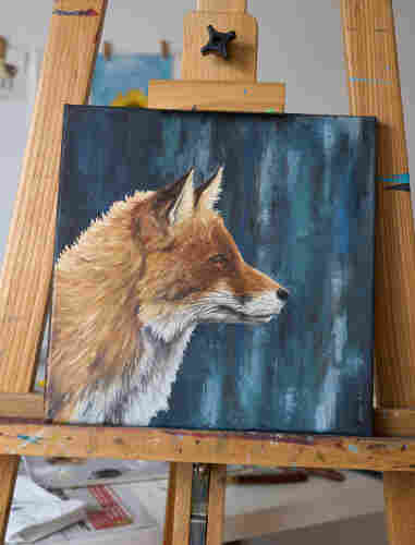 A square oil painting of a foxes head. The fox is looking to the right. The background is an abstract dark blueish palette knife pattern.