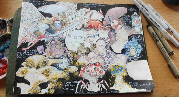 Photo of sketchbook spread painted by watercolor and ink. Spread has collection of magical mushroom, mushroom fey, devil mushroom, mushroom folks and one sad mushroom kaiju
