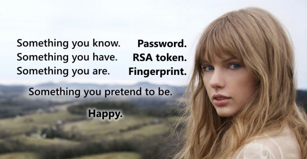 Taylor Swift looking back at the camera on the right side of the photo with the caption:
Something you know.  Password.
Something you have. RSA token. 
Something you are.  Fingerprint. 
Something you pretend to be. Happy.