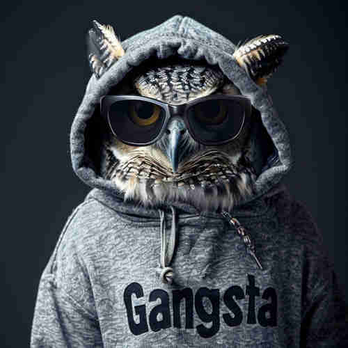 A striking owl dressed in urban, hip-hop style attire. The owl is wearing a heather gray hoodie with the word "Gangsta" printed across it in bold, black letters. Over its eyes are a pair of oversized, round sunglasses with reflective yellow lenses that add to the owl's cool demeanor. The hoodie is pulled up over the owl's head, with its ear tufts poking out like little horns, adding to the character's edgy look. The owl's face shows its natural plumage pattern, which includes intricate barring and speckles that provide an interesting contrast to the smooth fabric of the hoodie. The background is a plain, dark shade, which accentuates the subject and gives the composition a studio portrait feel.