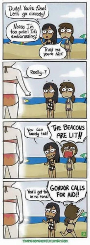 4 panel comic by ThePigeonGazette.tumblr.com

1.Two women in beachwear, at the beach. Left: "Dude! You're fine! Let's go already!" Out of panel: "No, I'm too pale! It's embarrassing!" Right: "Trust me, you're not."
2.Third woman comes into partial view. She is very pale. "Really...?" The two others are stunned into silence.
3.Left: "You can barely tell." Right: "The beacons are lit!"
4.Left: "You'll get a tan in no time!" Right: "Gondor calls for aid!"