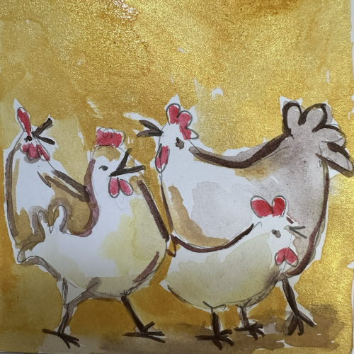 Four hens on a sparkly orange background 