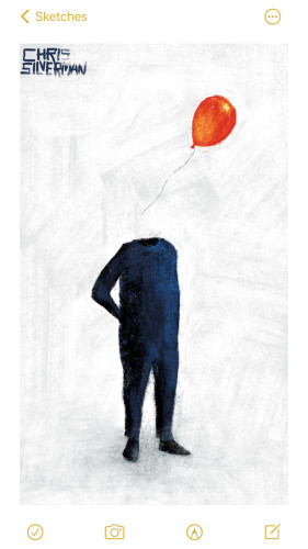 A headless figure, its right arm placed on its hip, stands casually in a large white space, casting a slight gray shadow. Above, a red balloon with a long string flies away from where the figure's head would be. 