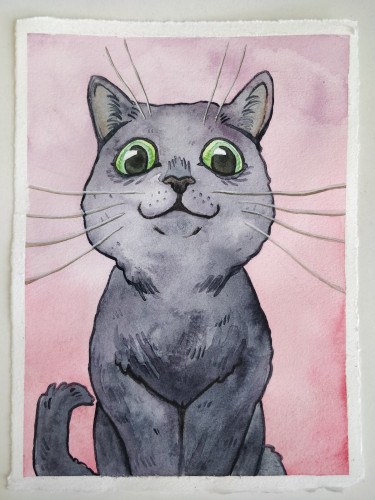 Watercolor painting of a gray cat with green eyes looking down upon the viewer. The background is a pink wash 