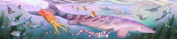 A prehistoric paleoart mural with a lot of stylized aquatic animals, including mosasaurs, squids, fish, ammonites, birds, and crabs