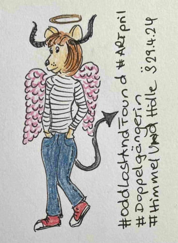 Hand-drawn character with a cat's head, angel wings, devil's tail and horns, and halo, wearing a striped shirt, jeans, and red chucks.