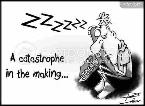 A black-and-white long-nosed cartoon figure having fallen asleep at a steering wheel with the inscription "Liberty."