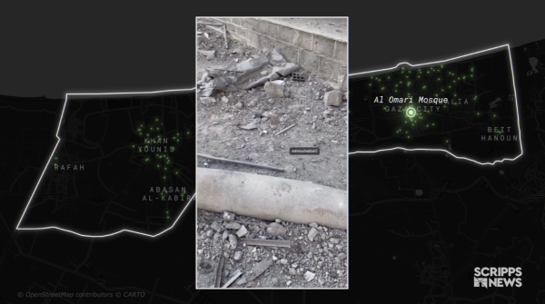 This image shows a screenshot from the documentary including a map that depicts all the identified cultural heritage sites, and a picture of the destruction at the Al Omari Mosque.