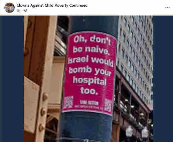 Magenta poster with white letters that reads: Oh, don't be naive. Israel would bomb your hospital too.