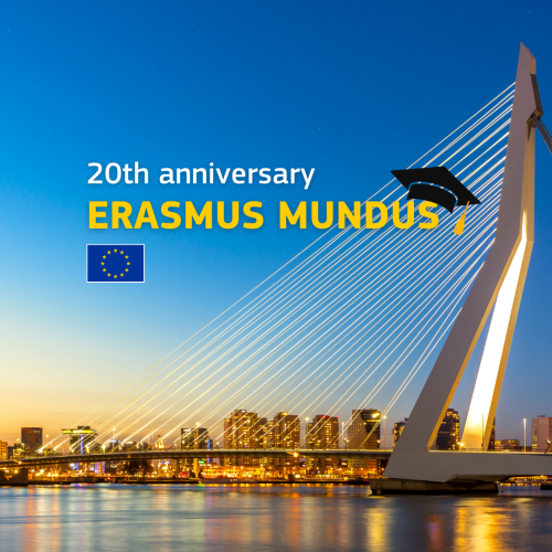 An image of the Erasmus Bridge in Rotterdam, the Netherlands, with its signature bent pylon with 16 pairs of front stay cabled and two sets of backstay cables. A superimposed text says, "20th anniversary ERASMUS MUNDUS." On top of the final S, there is a graduation cap.