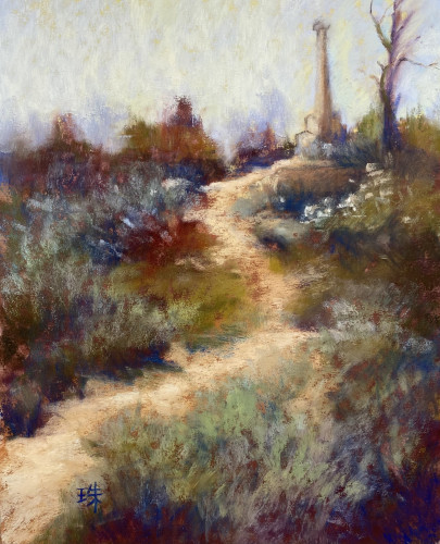 A pastel painting of a dusty narrow path going uphill between sagebrushes. A tall tower-like gravestone and bare tree in the background. 